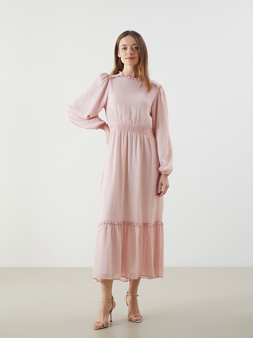 LCWAIKIKI Classic Pembe Fırfırlı Dik Yaka Elbise
