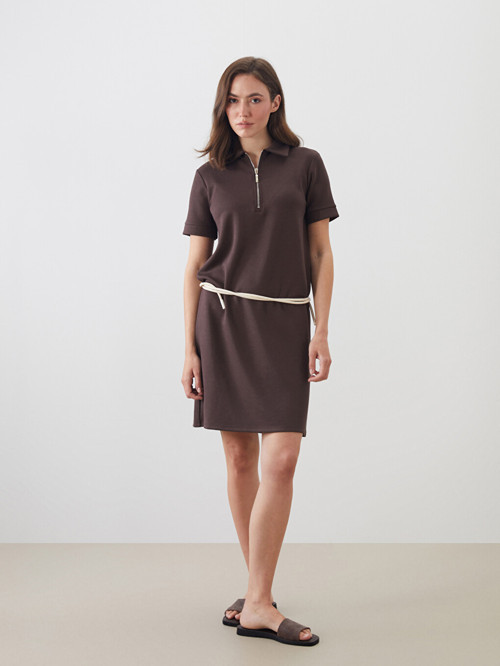 LCWAIKIKI Classic Kahverengi Polo Yaka Mini Elbise