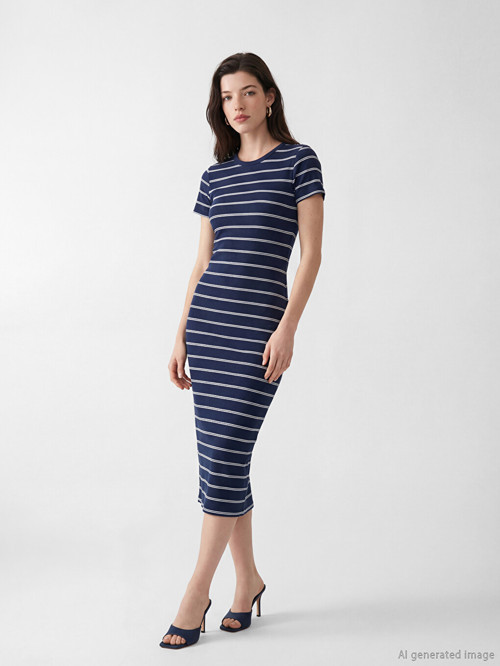 LCW Comfort Lacivert Bisiklet Yaka Çizgili Elbise