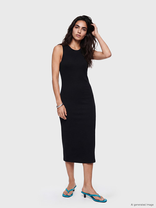 LCW Vision Siyah Bisiklet Yaka Fitilli Bodycon Elbise