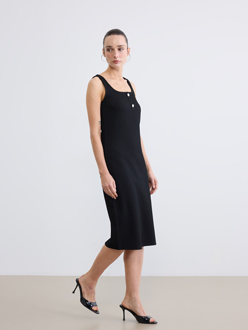 LCW EVERYDAY Siyah U Yaka Fitilli Bodycon Elbise