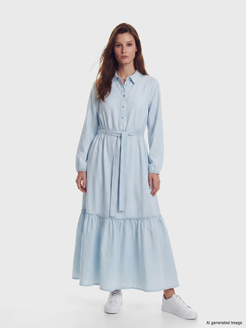 LCW Modest İndigo Gömlek Yaka Kuşaklı Katkat Jean Elbise
