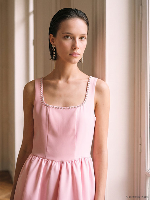LCW Comfort Pembe Kare Yaka Taşlı Mini Elbise