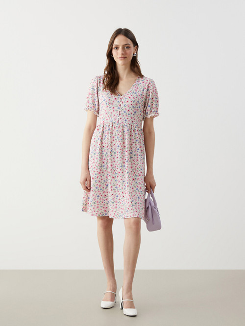 LCW Comfort Pembe V Yaka Çiçekli Elbise