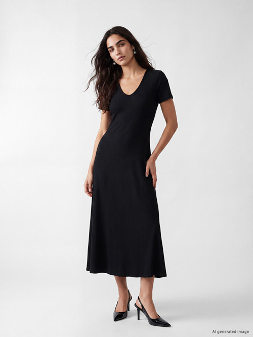 LCW Vision Siyah V Yaka Bodycon Elbise