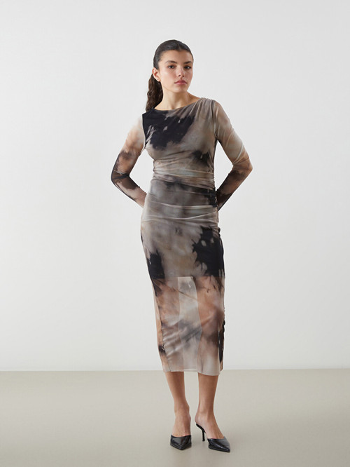 LCW Vision Karışık Bisiklet Yaka Batik Desenli Kadın Bodycon Elbise