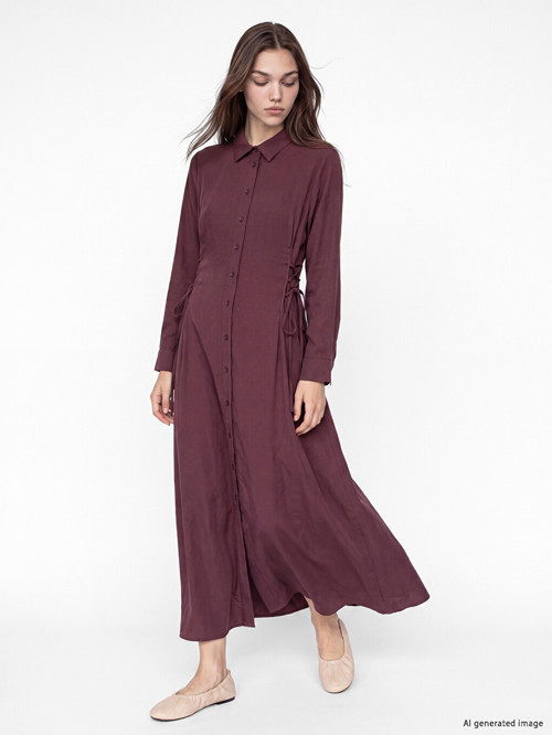 LCW Modest Bordo Bağlama Detaylı Modal Karışımlı Gömlek Elbise