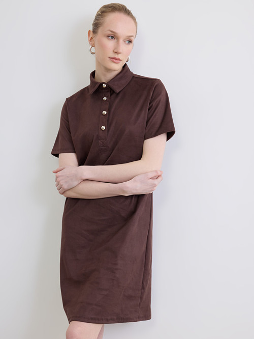 LCW EVERYDAY Kahverengi Polo Yaka Süet Görünümlü Mini Elbise