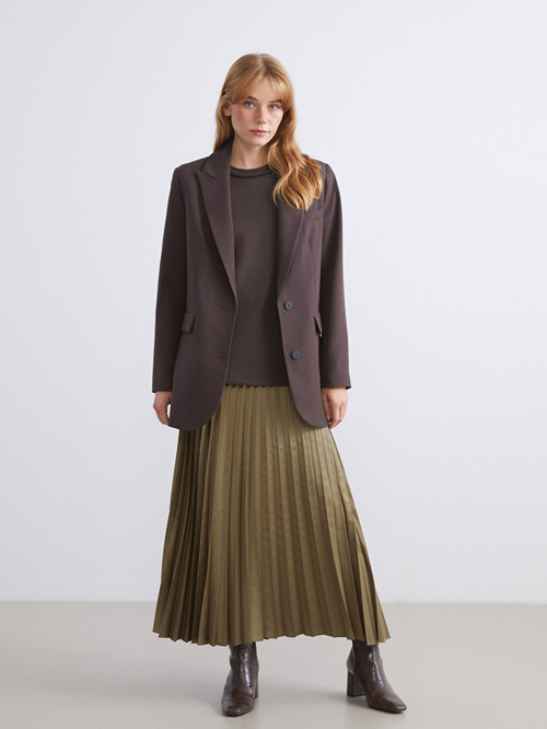 LCW Modest Haki Beli Lastikli Saten Pileli Etek