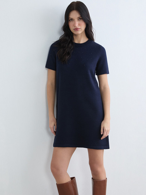 LCW Comfort Lacivert Taşlı Mini Triko Elbise