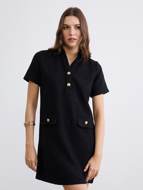 LCW Comfort Siyah Gömlek Yaka Tüvit Mini Elbise