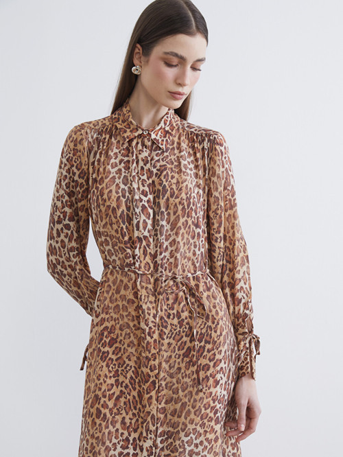 LCW Modest Bej Leopar Desenli Modal Karışımlı Gömlek Elbise