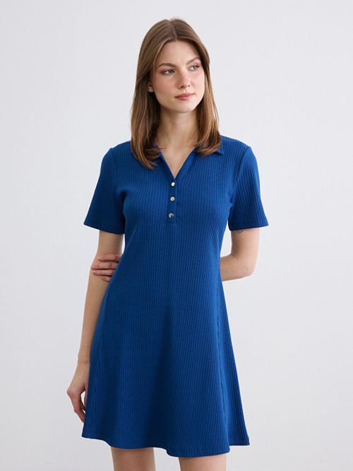 LCW Comfort Lacivert Polo Yaka Fitilli Mini Elbise