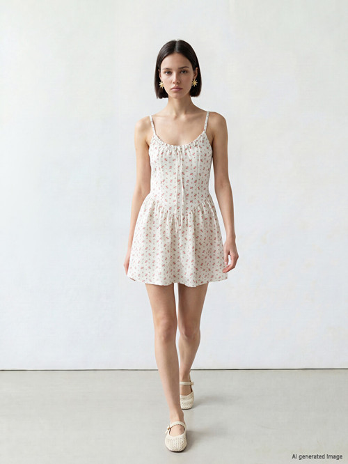 LCW Comfort Beyaz İp Askılı Çiçekli Korseli Mini Elbise