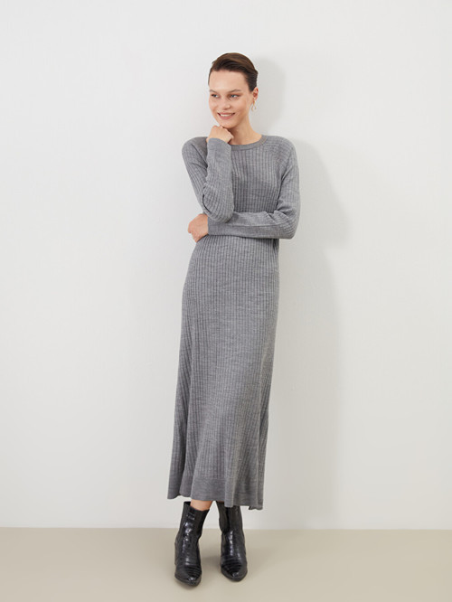 LCW Modest Gri Bisiklet Yaka Triko Elbise