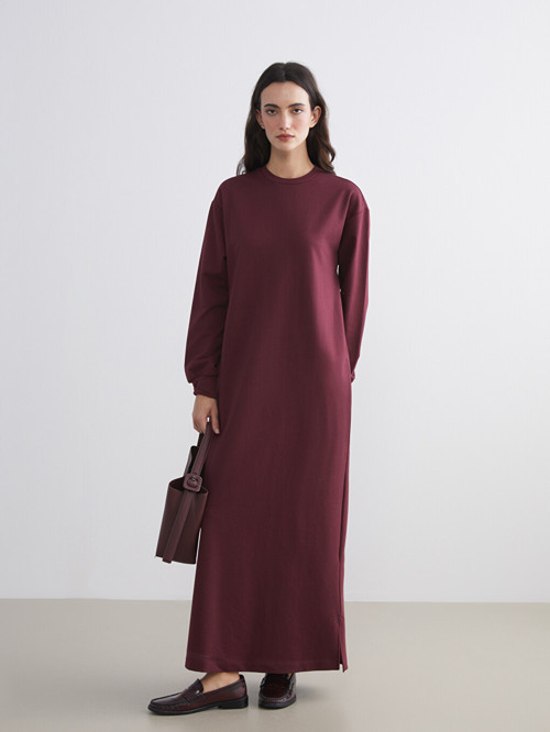 LCW Modest Bordo Bisiklet Yaka Sweatshirt Elbise