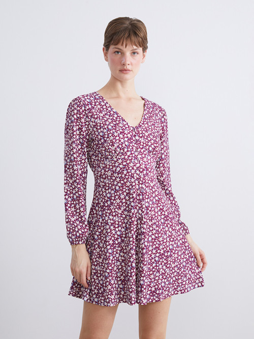 LCW Comfort Bordo V Yaka Çiçekli Mini Elbise