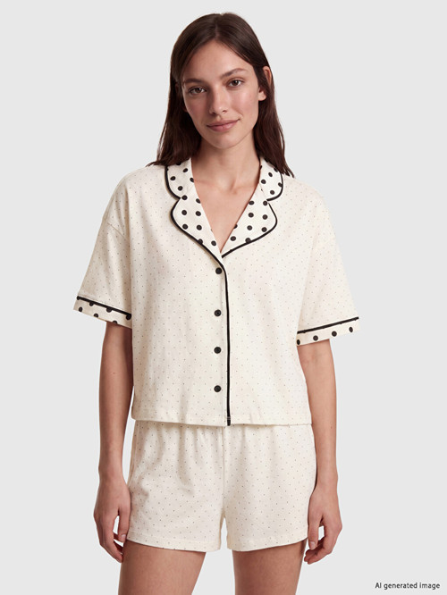 LCW DREAM Ekru Gömlek Yaka Puantiyeli Kadın Şortlu Pijama Takımı