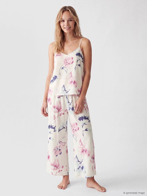 LCW DREAM Ekru Çiçekli İp Askılı Kadın Pijama Takım