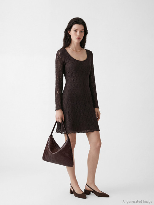 LCW Comfort Kahverengi U Yaka Dantelli Mini Elbise