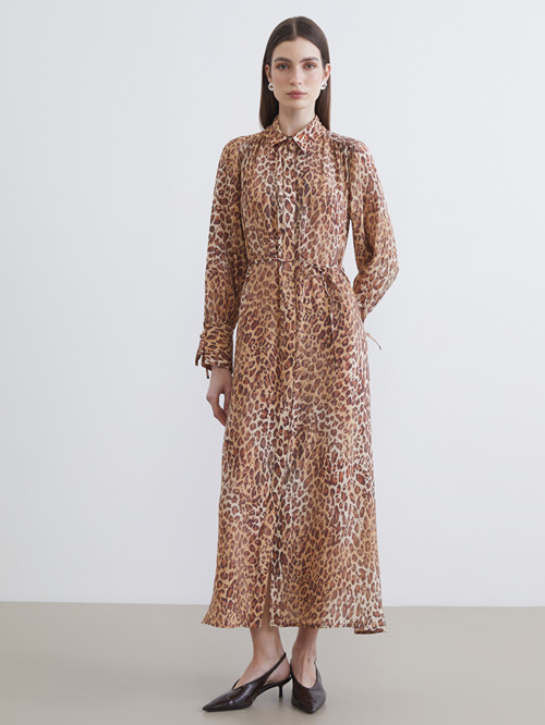 LCW Modest Bej Leopar Desenli Modal Karışımlı Gömlek Elbise