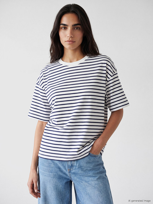 LCW Vision Lacivert Çizgili Oversize %100 Pamuklu Kadın Tişört