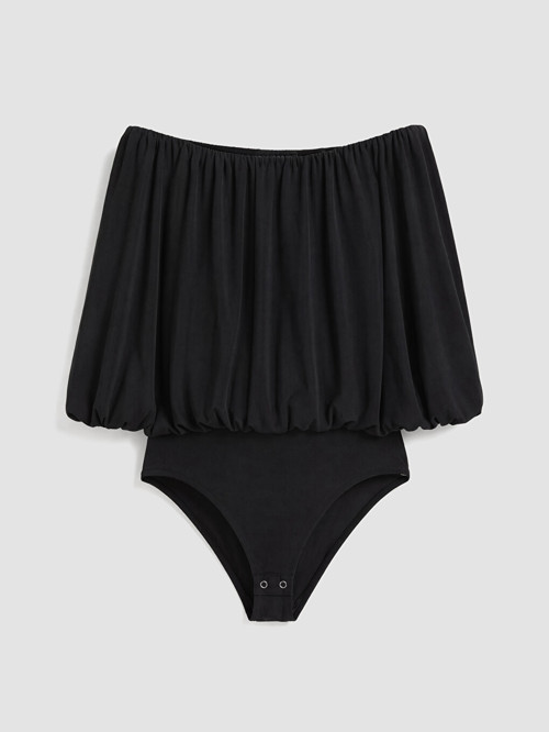 LCW Vision Siyah Bisiklet Yaka Fırfırlı Kadın Bodysuit