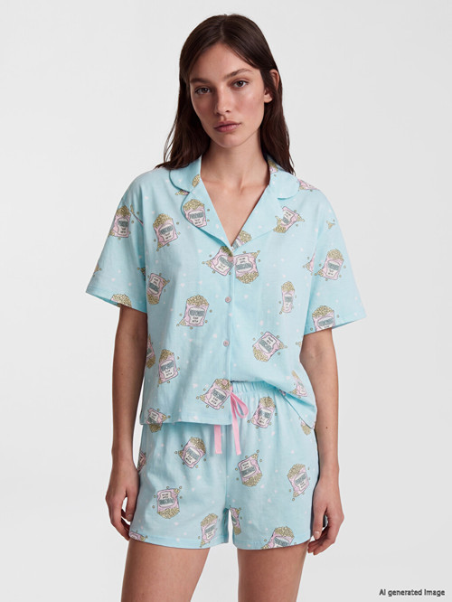 LCW Young Turkuaz Gömlek Yaka Baskılı Kadın Şortlu Pijama Takımı