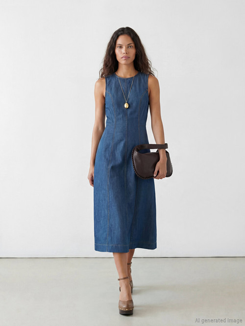 LCW Modest Mavi Belden Oturtmalı Jean Elbise
