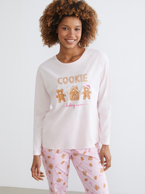 LCW Young Pembe Bisiklet Yaka Yılbaşı Temalı Kadın Pijama Takımı