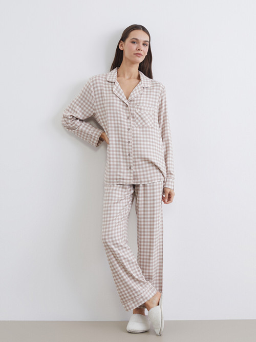 LCW DREAM Kahverengi Gömlek Yaka Ekose Kadın Pijama Takımı