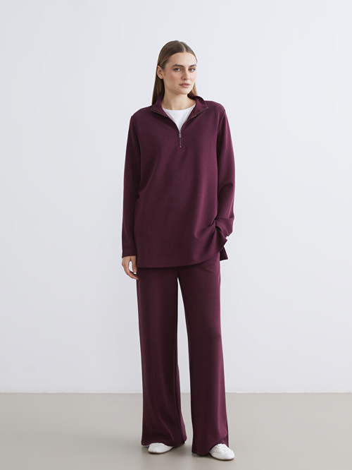 LCW EVERYDAY Bordo Dik Yaka Çizgili Oversize Kadın Tişört