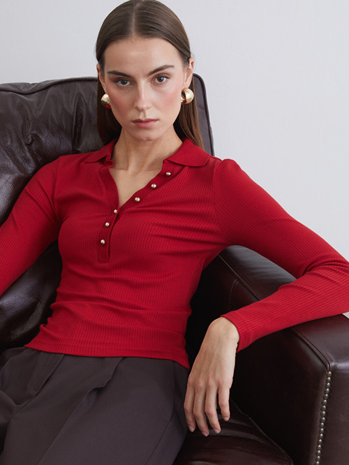 LCW EVERYDAY Kırmızı Polo Yaka Modal Karışımlı Kadın Tişört