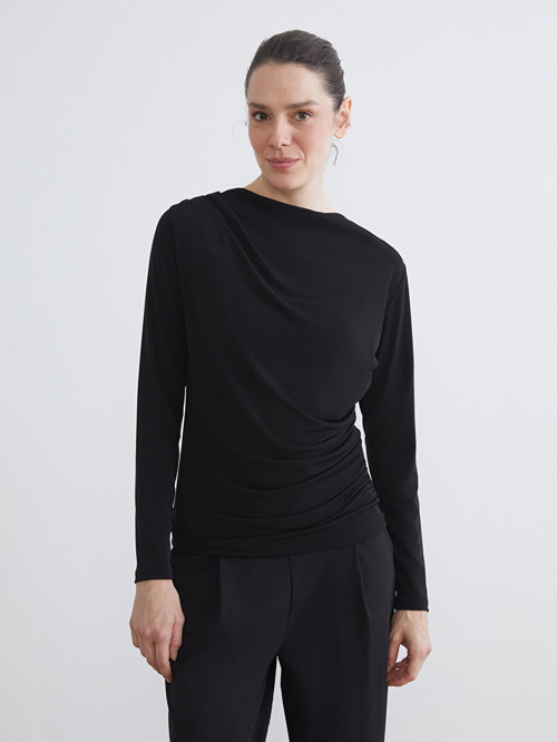 LCW EVERYDAY Siyah Bisiklet Yaka Büzgülü Kadın Body