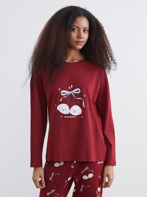 LCW Young Bordo Bisiklet Yaka Baskılı Kadın Pijama Takımı