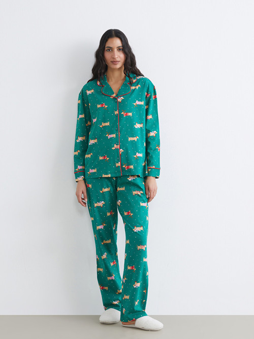 LCW DREAM Yeşil Gömlek Yaka Yılbaşı Temalı Kadın Pijama Takım