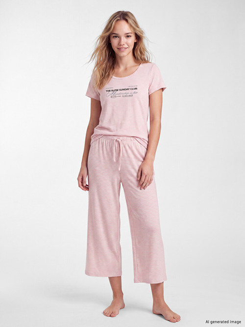 LCW DREAM Pembe Bisiklet Yaka Baskılı Kadın Kaprili Pijama Takımı