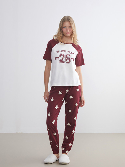 LCW Young Bordo Bisiklet Yaka Baskılı Kadın Pijama Takımı