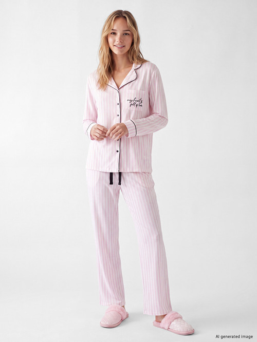 LCW DREAM Ekru Gömlek Yaka Çizgili Kadın Pijama Takım