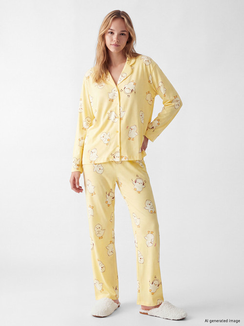 LCW Young Sarı Gömlek Yaka Desenli Kadın Pijama Takım