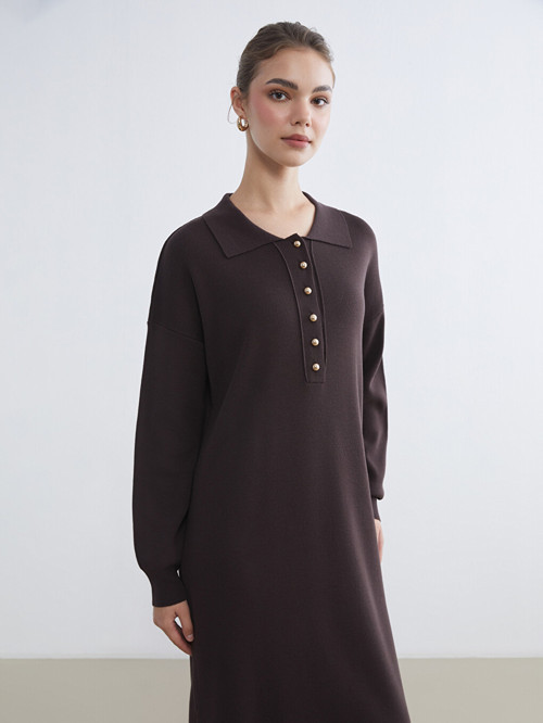 LCW Modest Kahverengi Polo Yaka Triko Elbise