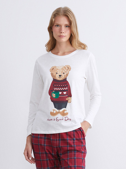 LCW DREAM Ekru Bisiklet Yaka Ayı Teddy Baskılı Kadın Pijama Üstü