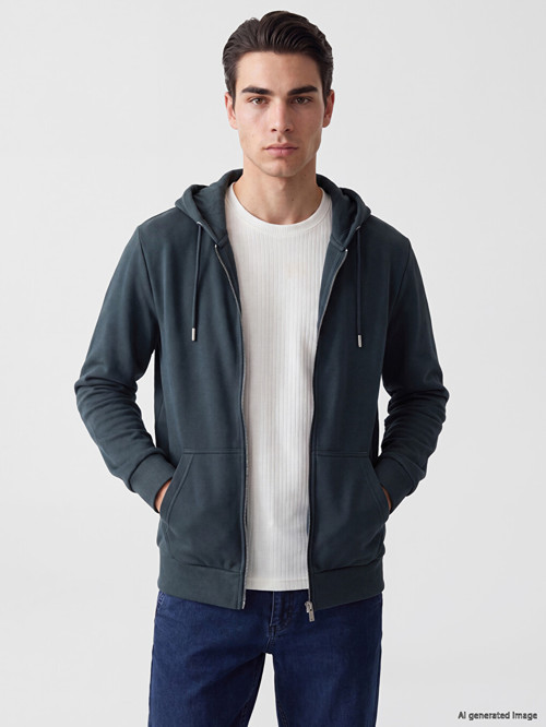 LCWAIKIKI Classic Petrol Kapüşonlu Erkek Fermuarlı Sweatshirt