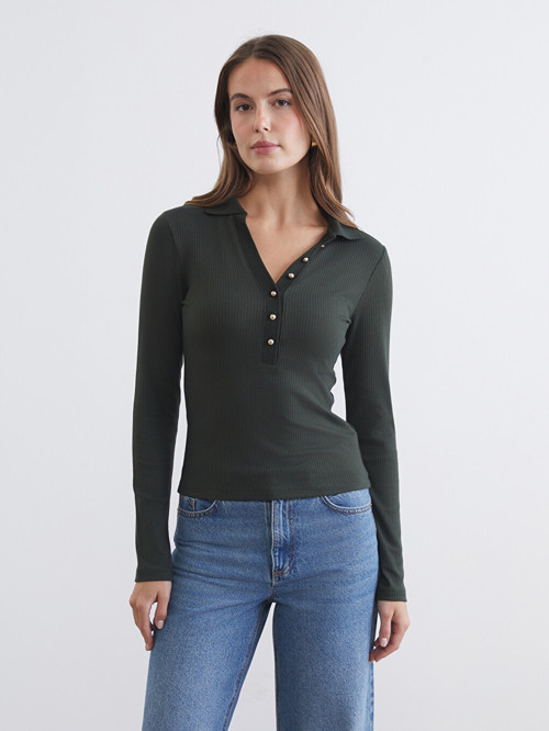 LCW EVERYDAY Yeşil Polo Yaka Modal Karışımlı Kadın Fitilli Tişört