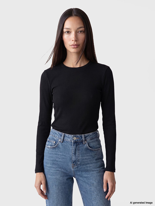 LCW EVERYDAY Siyah Fitilli Bisiklet Yaka Uzun Kollu Kadın Body