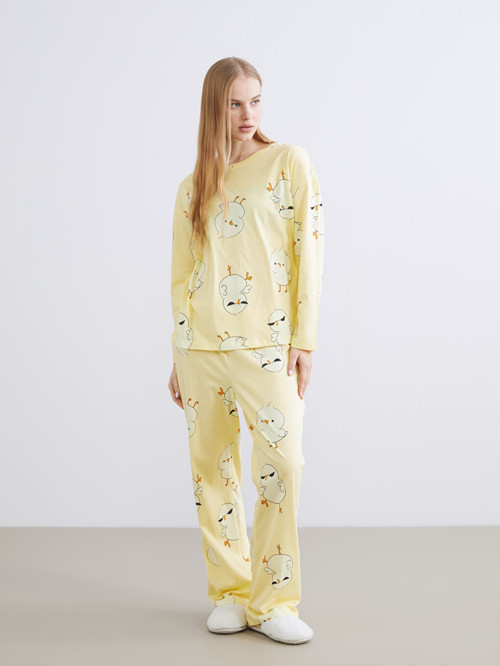 LCW Young Sarı Bisiklet Yaka Baskılı Kadın Pijama Takımı