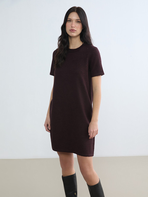 LCW Comfort Bordo Taşlı Mini Triko Elbise