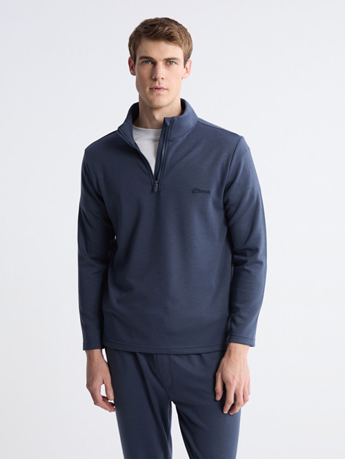 LC WAIKIKI İndigo Dik Yaka Uzun Kollu Polar Erkek Pijama Üst