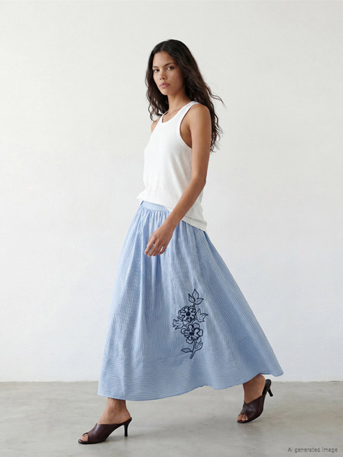 LCW Modest Mavi Beli Lastikli Çiçekli Kloş Etek
