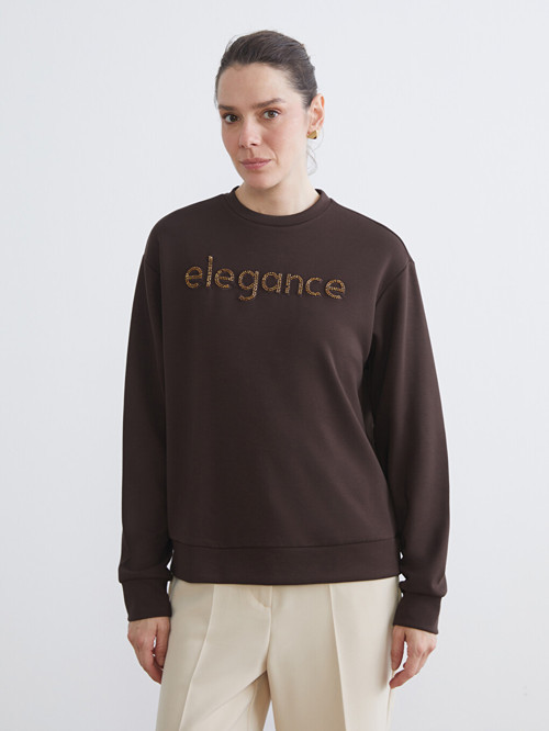 LCW EVERYDAY Kahverengi Bisiklet Yaka Taşlı Kadın Sweatshirt